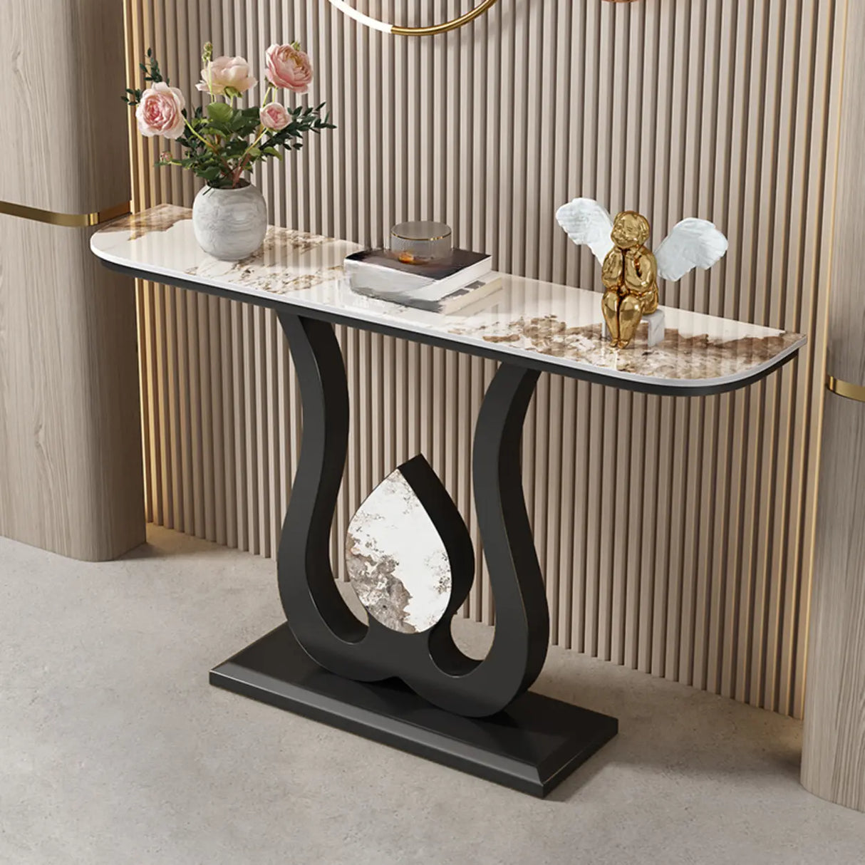 Decorative Half Moon Marble Top Gold Accent Console Table Image - 7