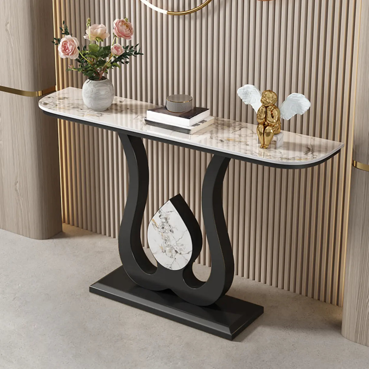 Decorative Half Moon Marble Top Gold Accent Console Table Image - 9