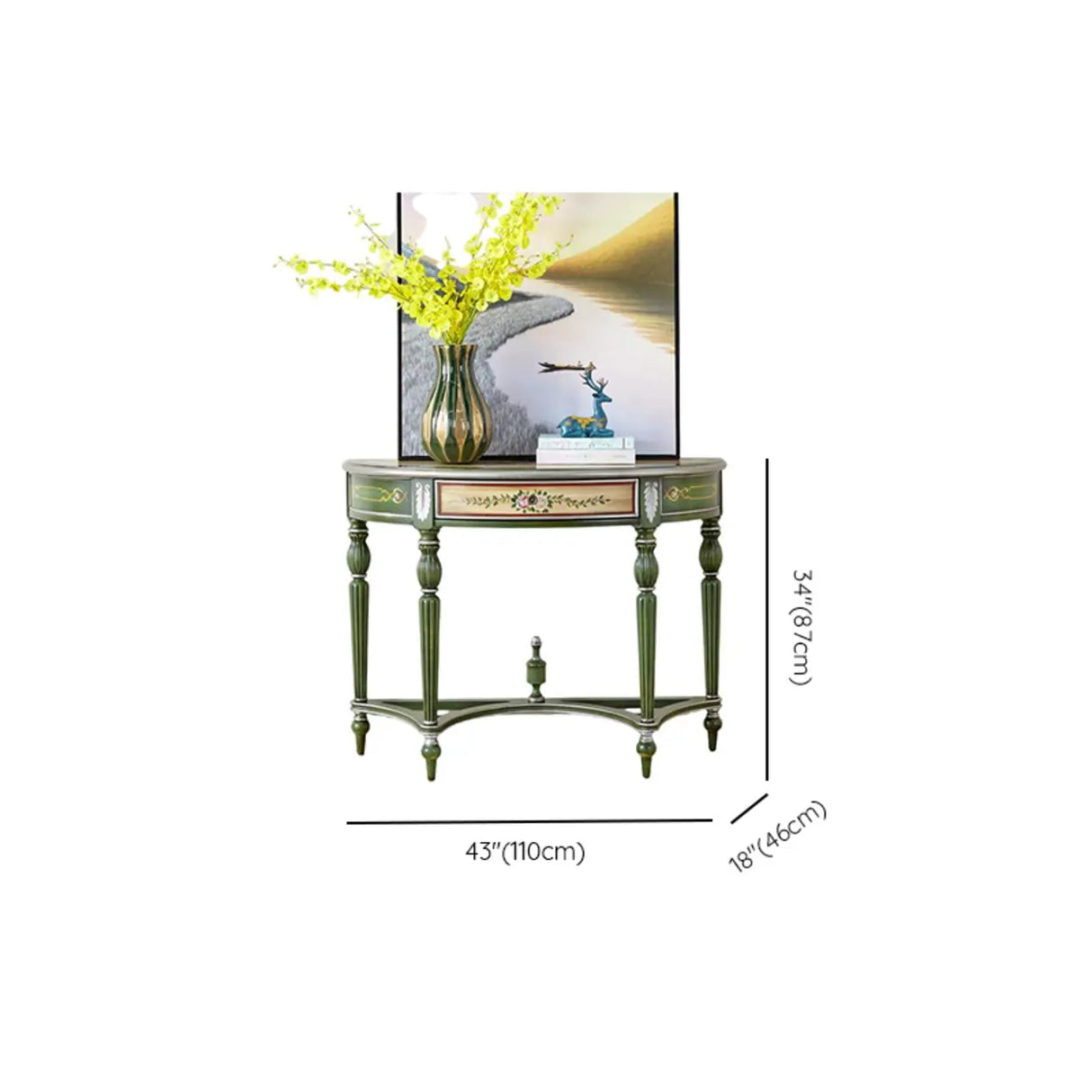 Decorative Half-Moon Storage Floral Green Console Table 