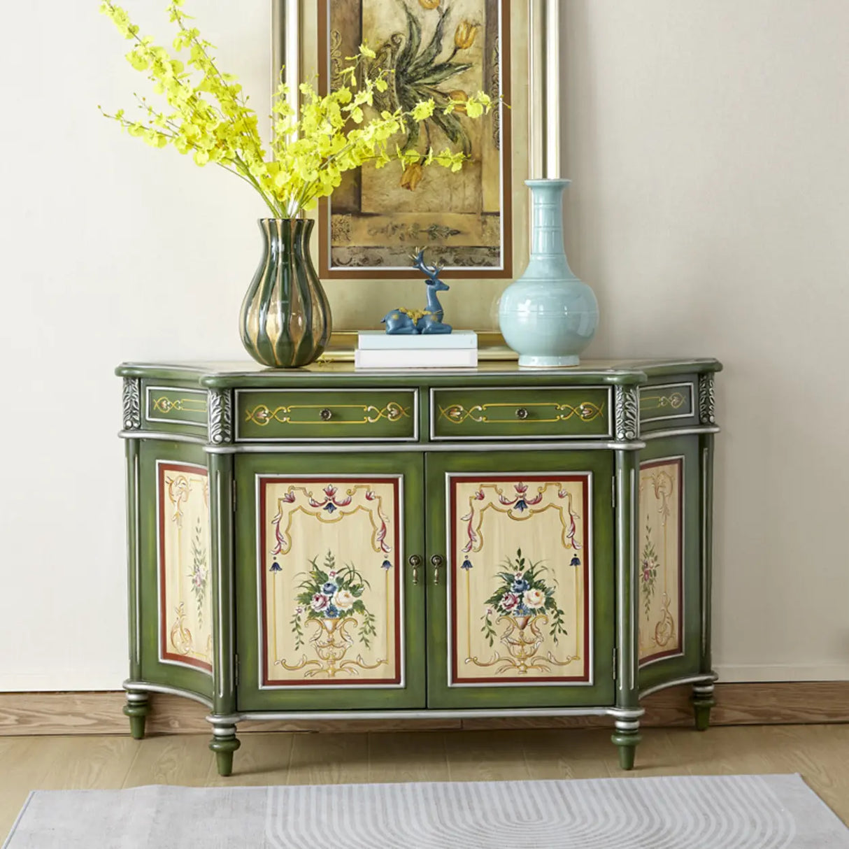 Decorative Half-Moon Storage Floral Green Console Table Image - 3