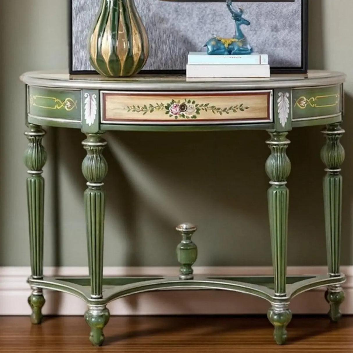 Decorative Half-Moon Storage Floral Green Console Table Image - 4