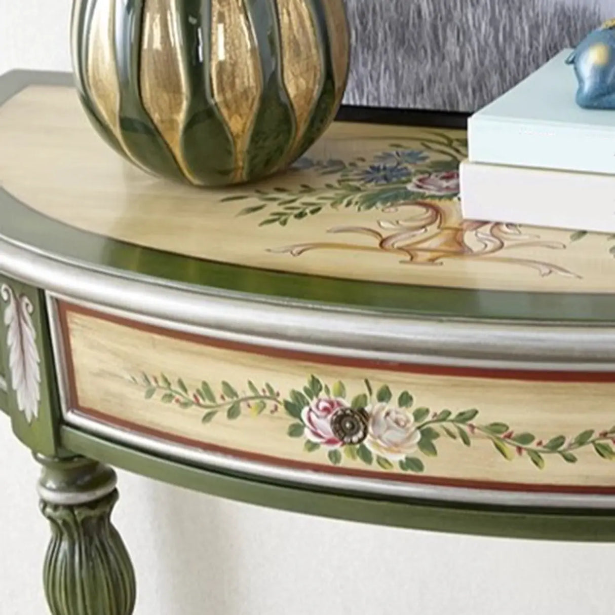 Decorative Half-Moon Storage Floral Green Console Table Image - 6
