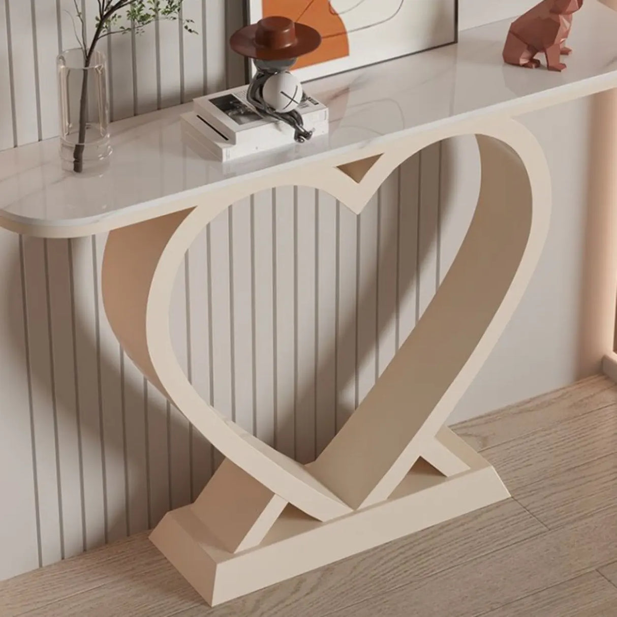 Decorative Heart Base Beige Marble Top Console Table Image - 11