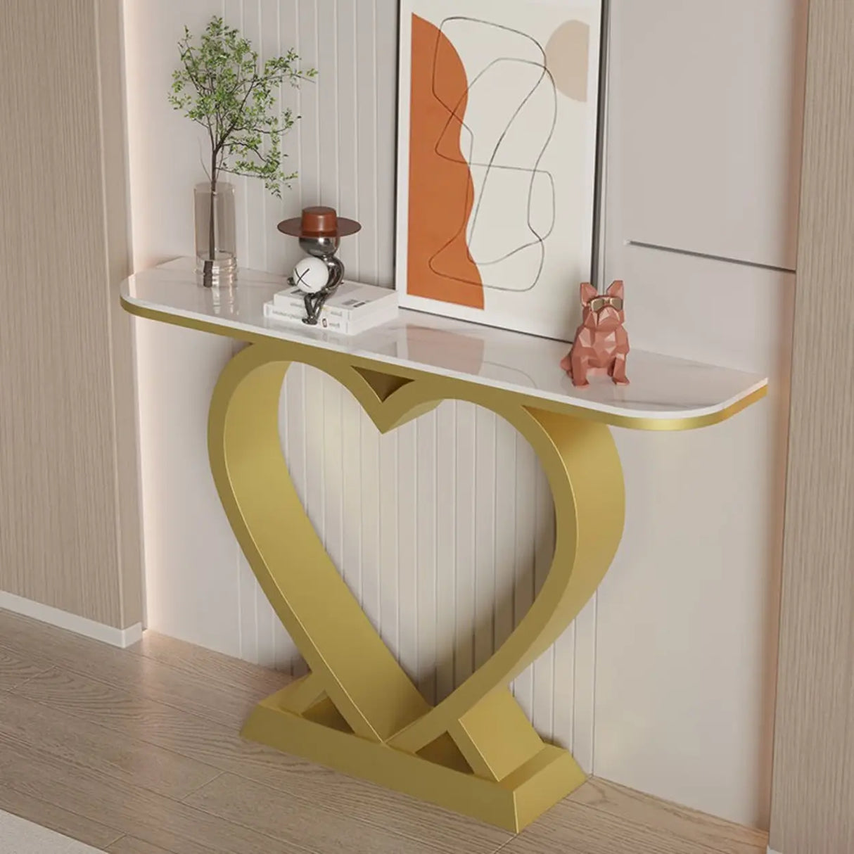 Decorative Heart Base Beige Marble Top Console Table Image - 6