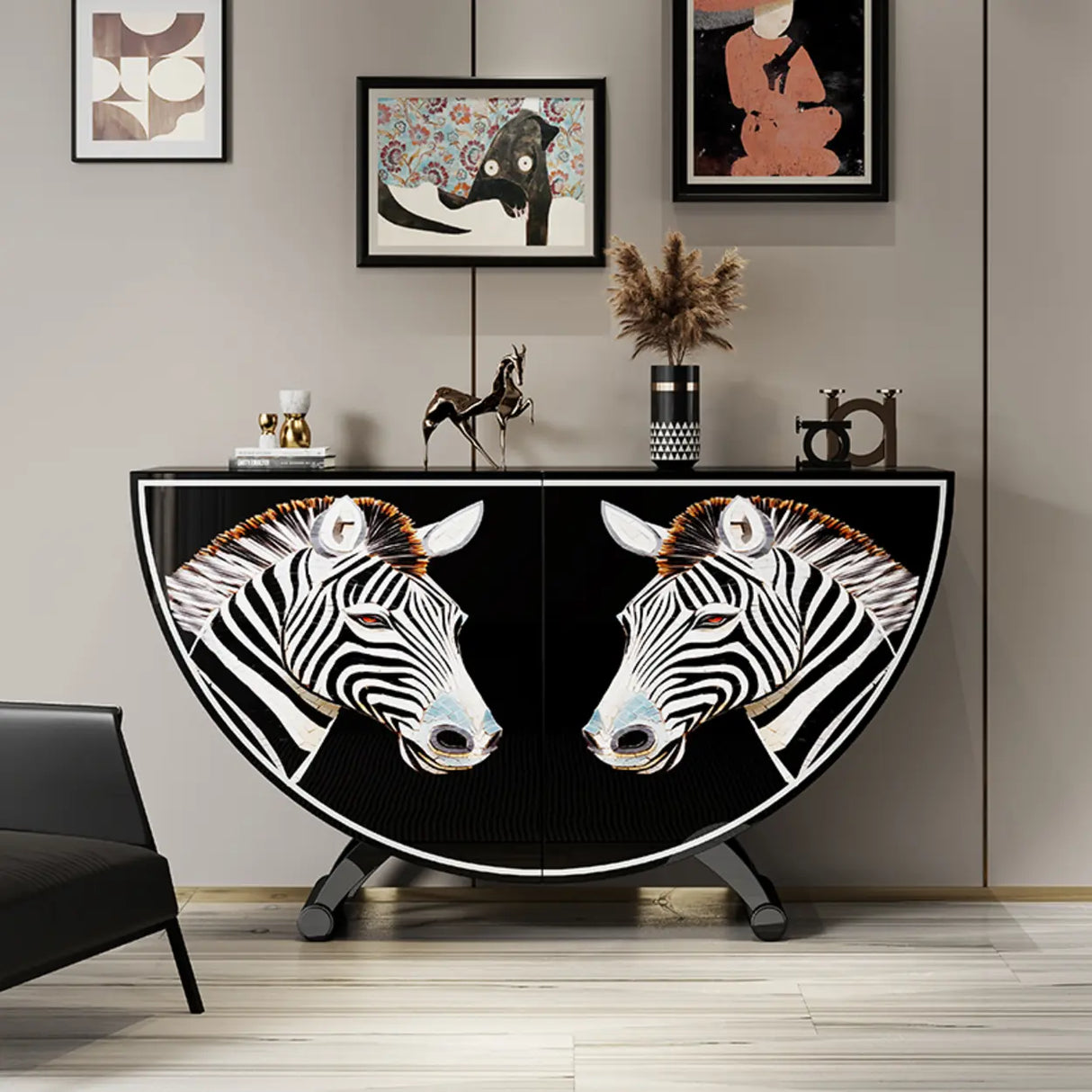 Decorative Horse Pattern Half-Moon Storage Console Table Image - 2