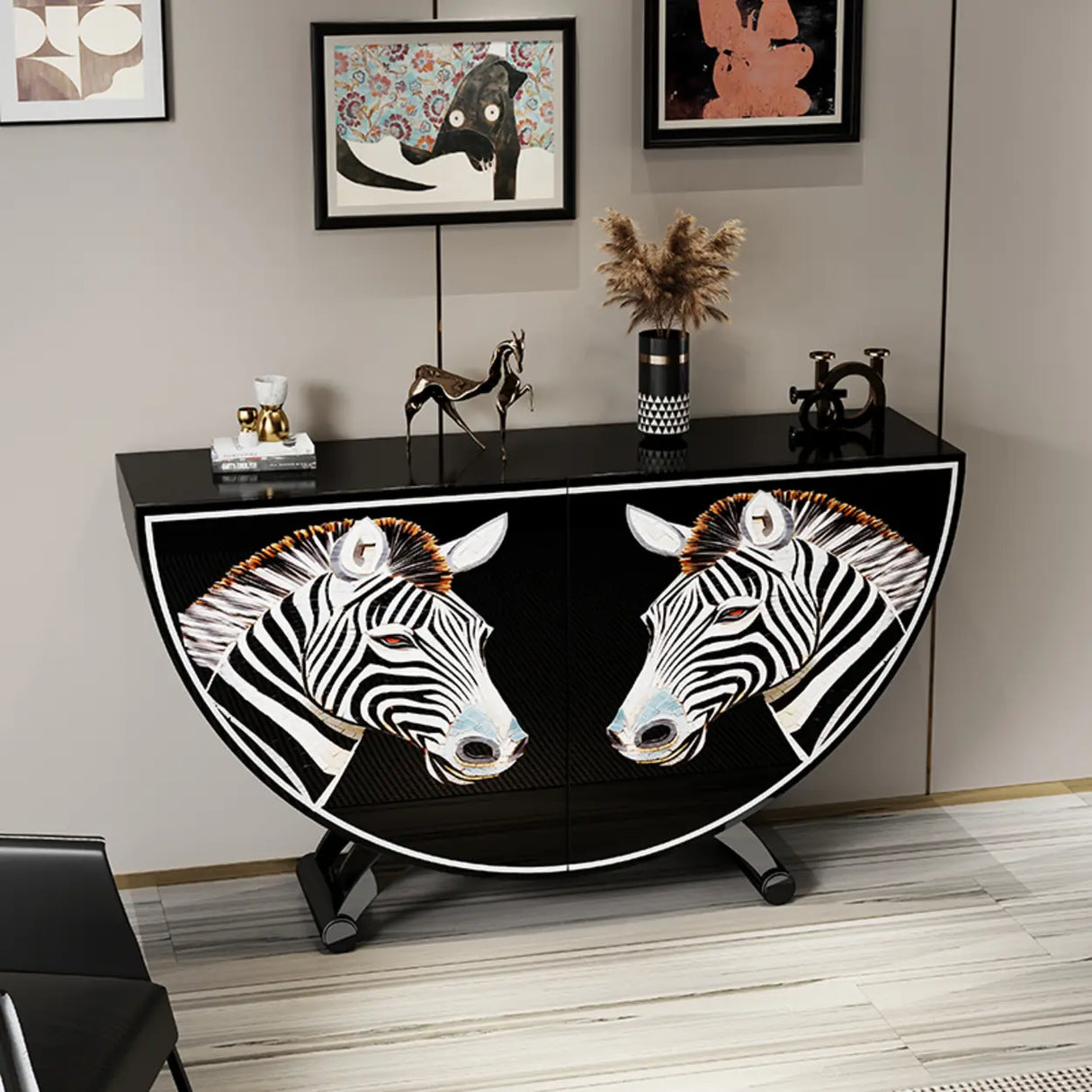 Decorative Horse Pattern Half-Moon Storage Console Table Image - 4