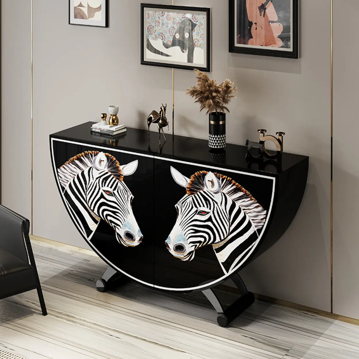 Decorative Horse Pattern Half-Moon Storage Console Table Image - 5