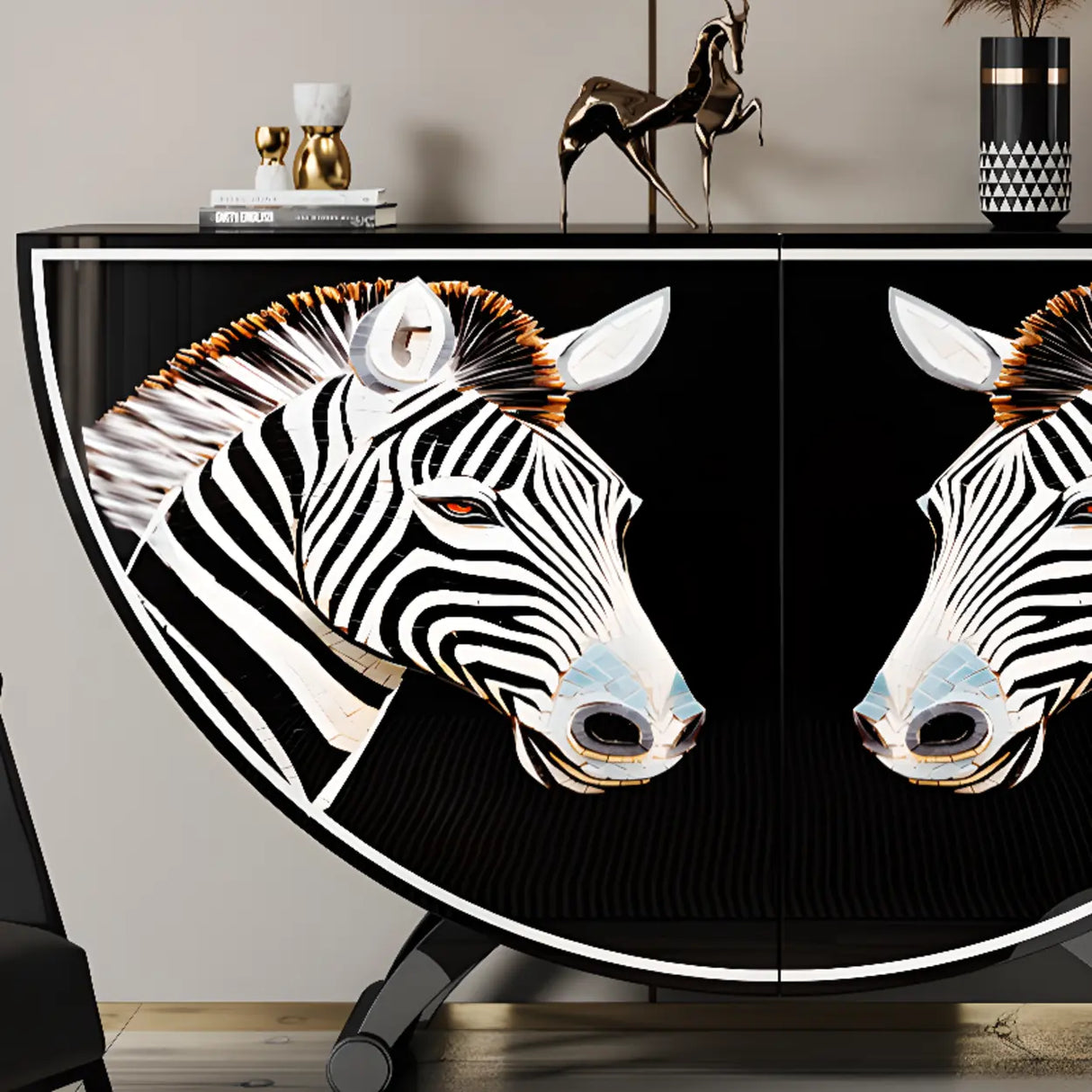 Decorative Horse Pattern Half-Moon Storage Console Table Image - 7