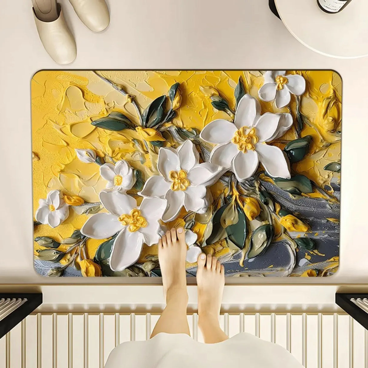 Decorative Lotus 3D Rubber Green Rectangular Area Rug Image - 5