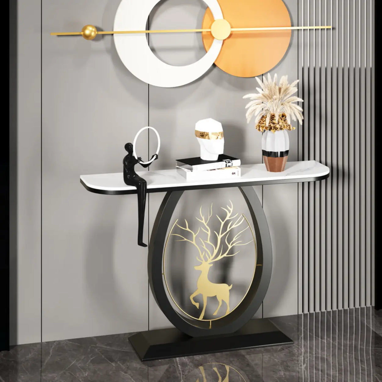 Decorative Oval Deer Base Sintered Stone Gold Console Table Image - 4