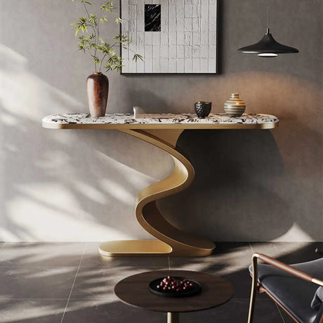 Decorative Oval Luxury Stone Curved Base Gold Console Table Image - 1