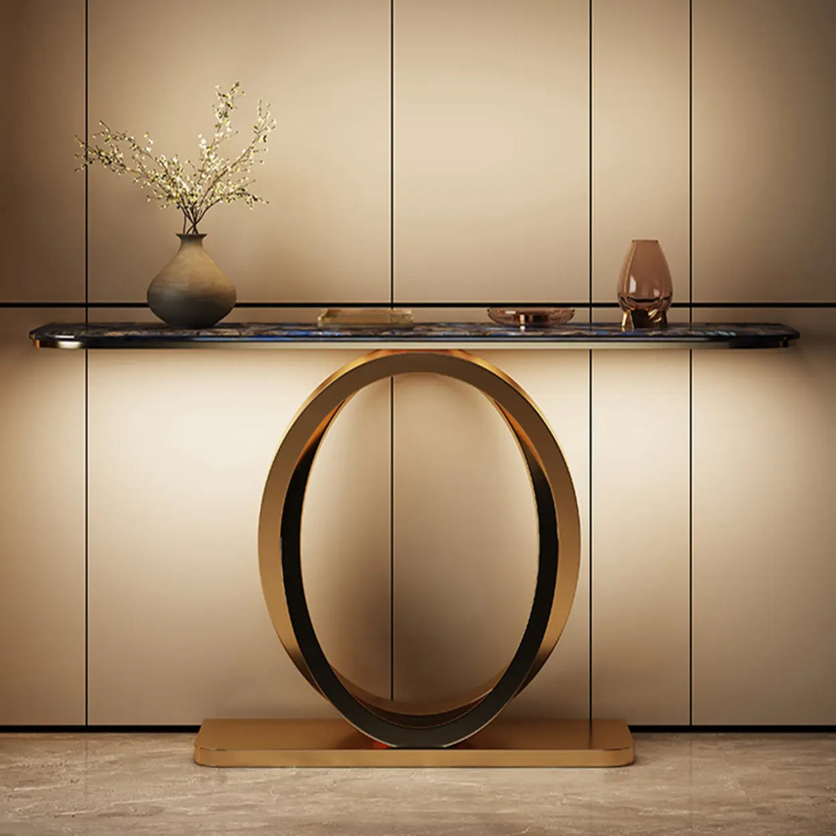 Decorative Oval Metal Base Spar Top Gold Console Table Image - 1