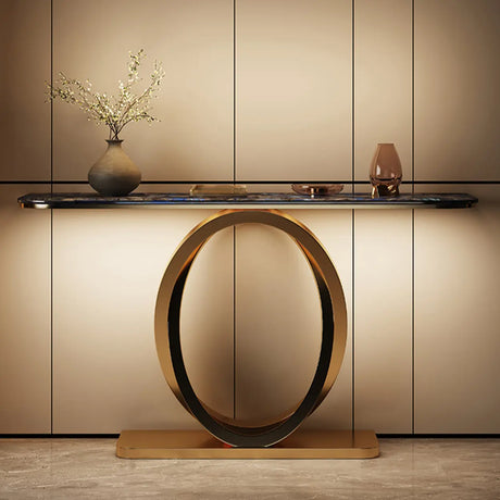 Decorative Oval Metal Base Spar Top Gold Console Table Image - 1