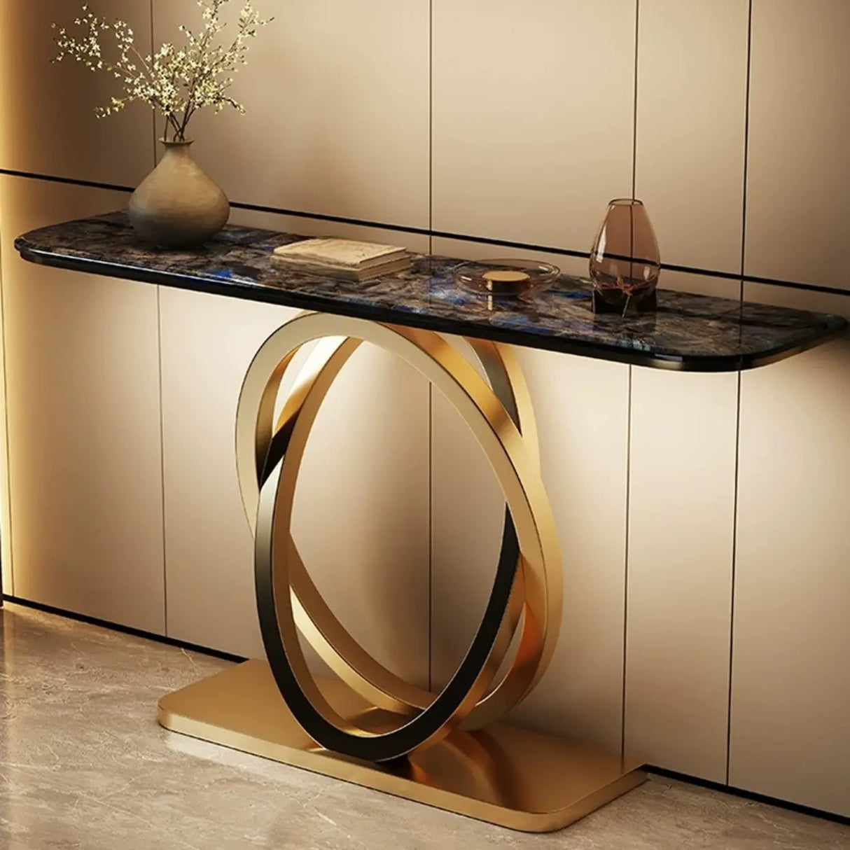 Decorative Oval Metal Base Spar Top Gold Console Table Image - 4