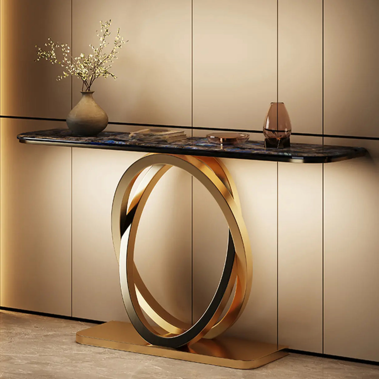 Decorative Oval Metal Base Spar Top Gold Console Table Image - 5