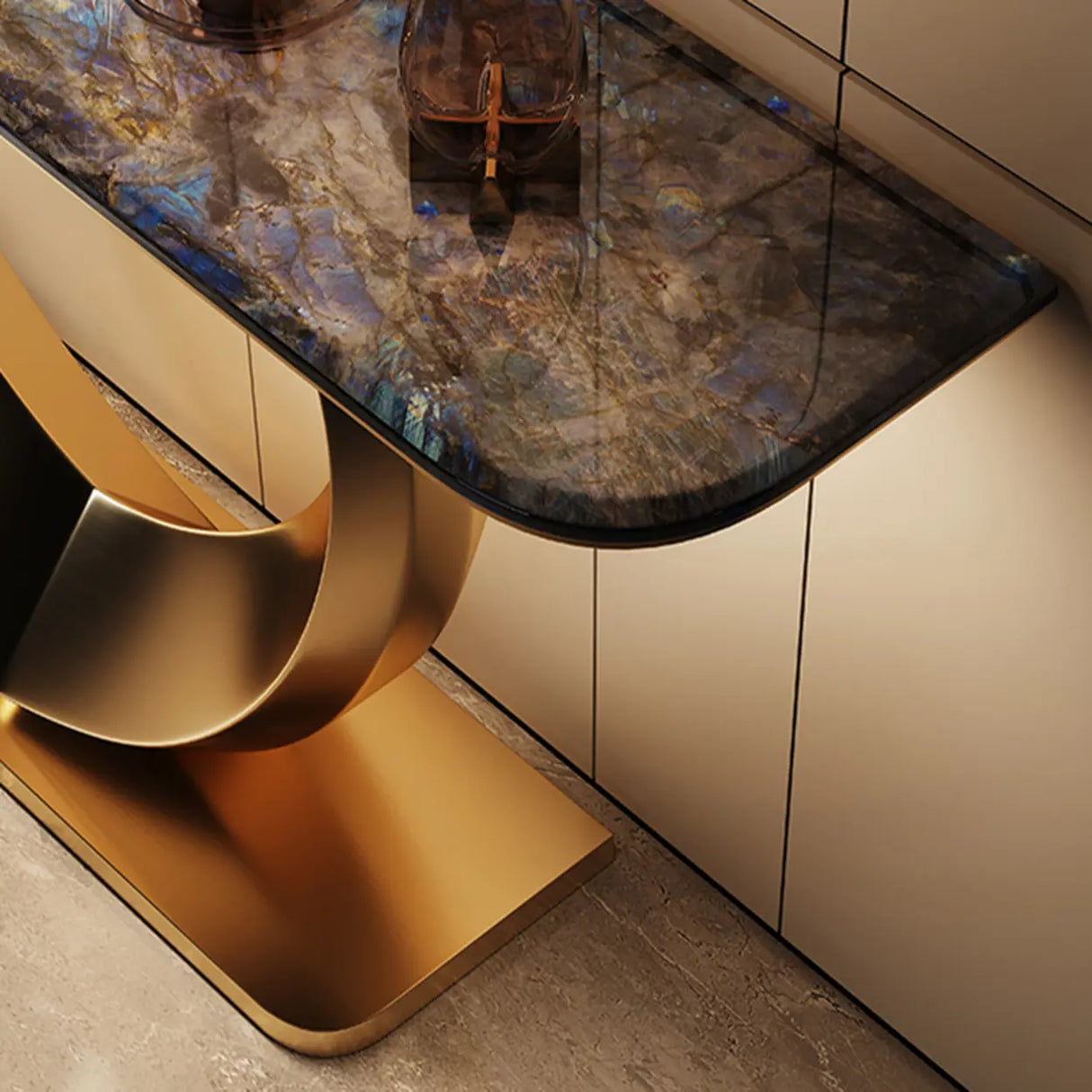 Decorative Oval Metal Base Spar Top Gold Console Table Image - 6