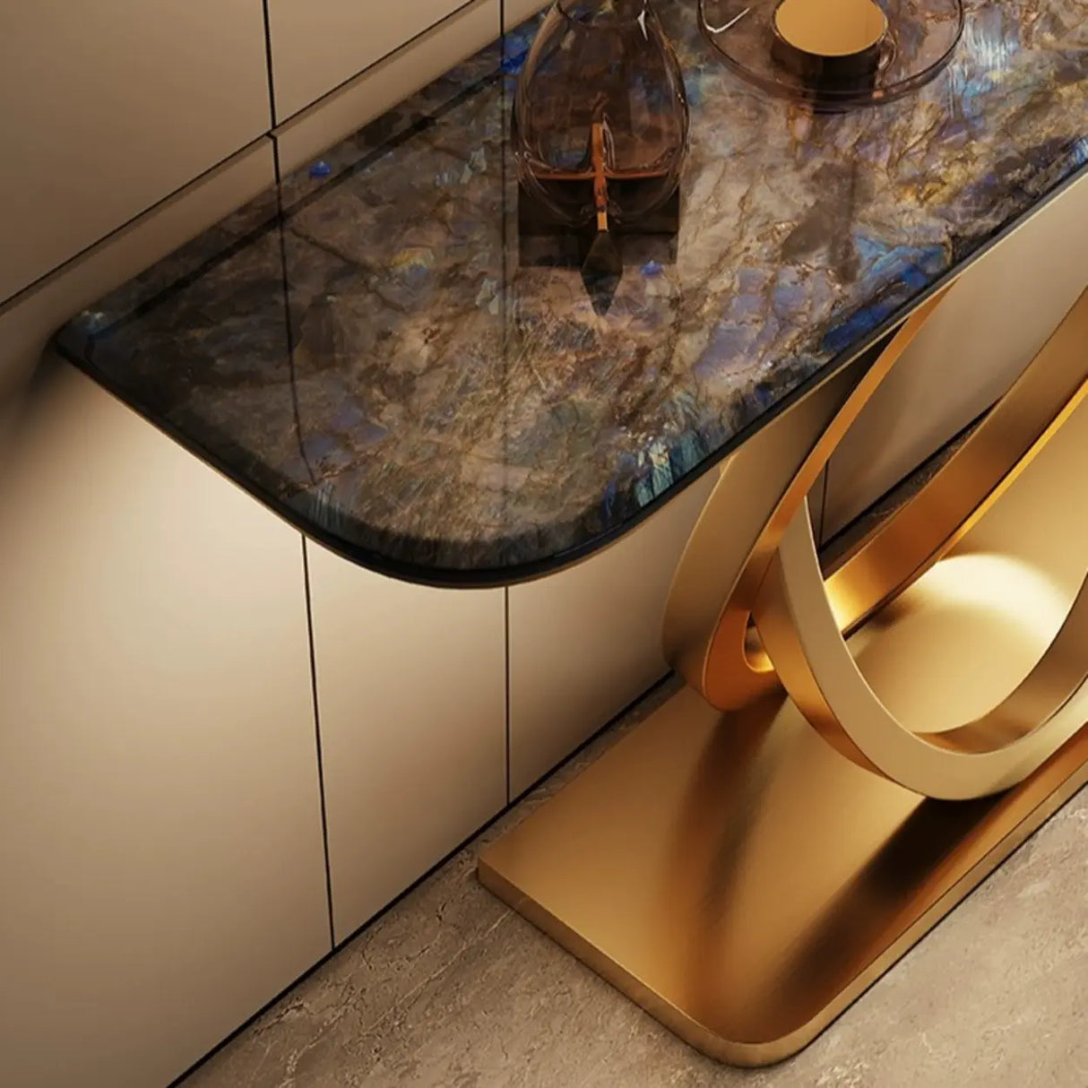 Decorative Oval Metal Base Spar Top Gold Console Table Image - 9