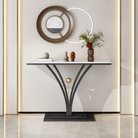 Decorative Rectangular Stone Black Pedestal Console Table Image - 1