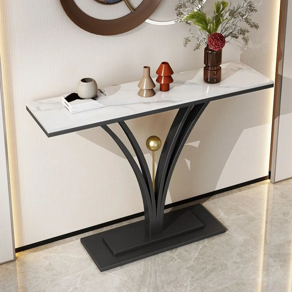 Decorative Rectangular Stone Black Pedestal Console Table Image - 3