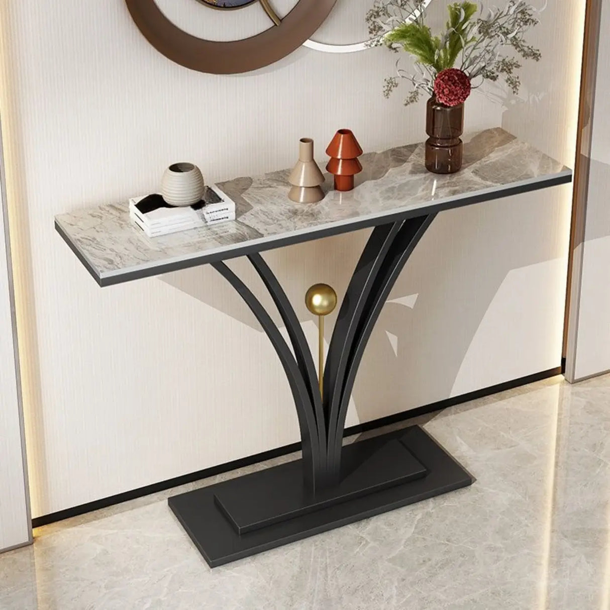 Decorative Rectangular Stone Black Pedestal Console Table Image - 5