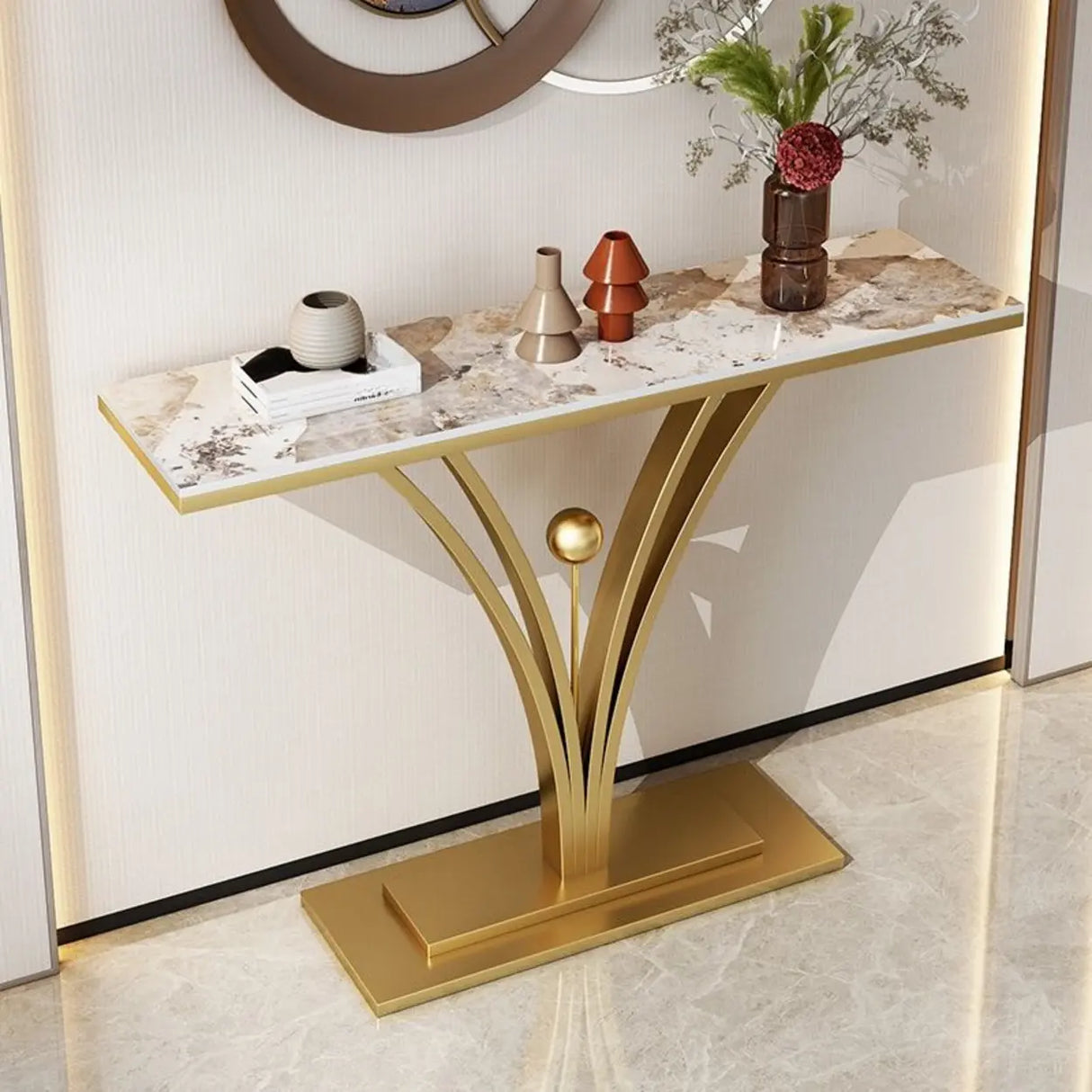 Decorative Rectangular Stone Black Pedestal Console Table Image - 7