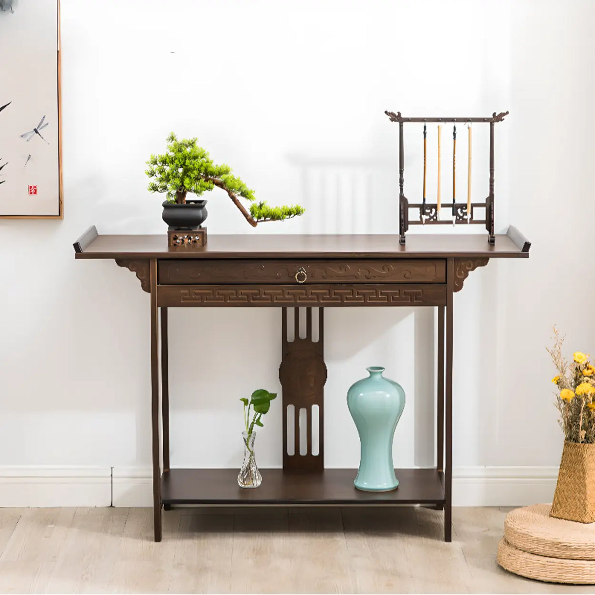Decorative Rectangular Wood Brown Storage Console Table Image - 1