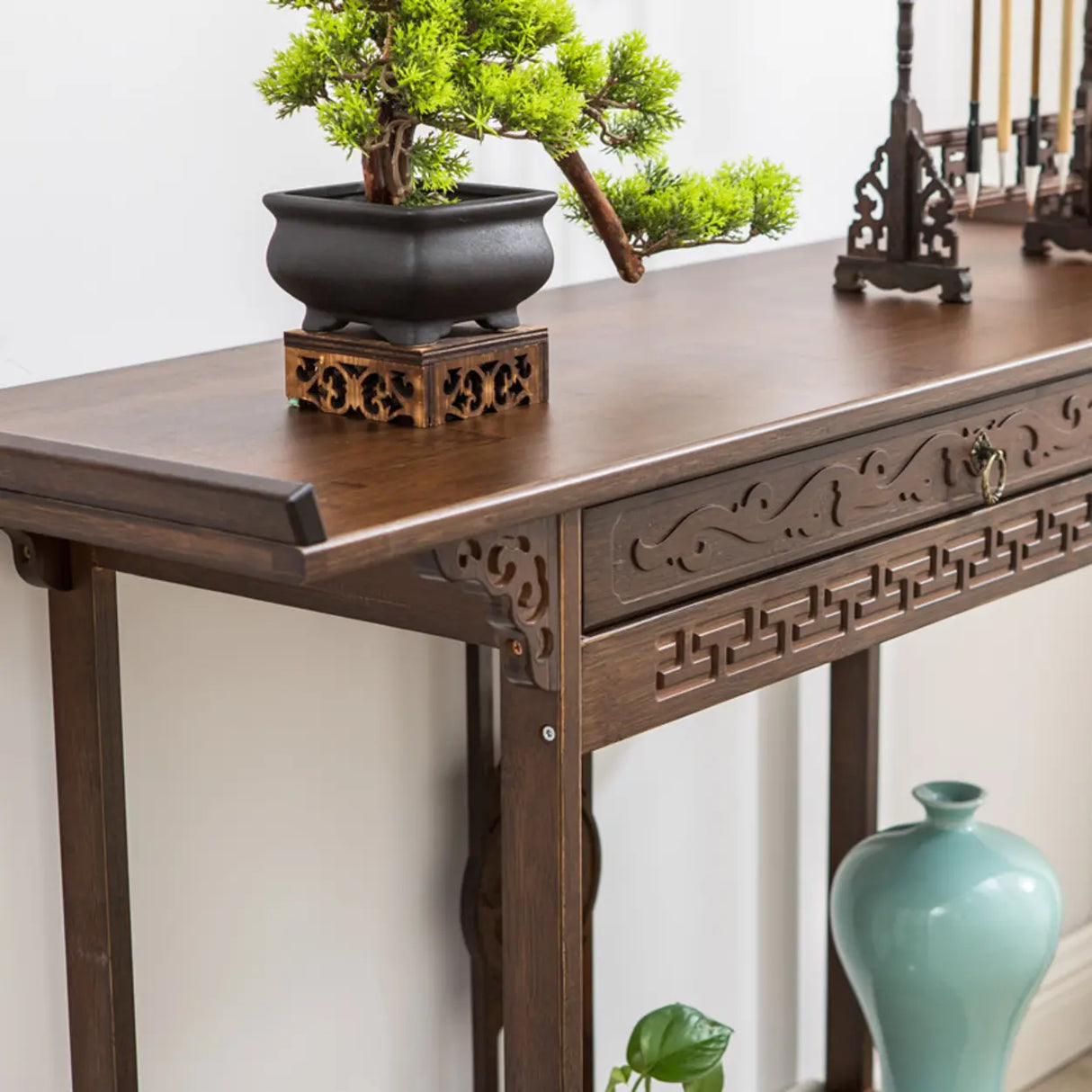Decorative Rectangular Wood Brown Storage Console Table Image - 2
