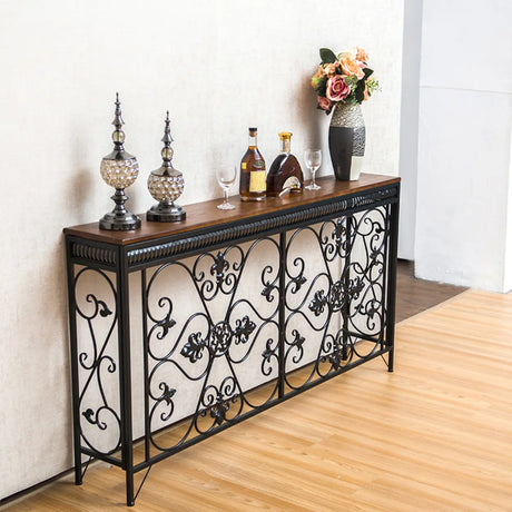 Decorative Wrought Iron and Wood Black Console Table Image - 1