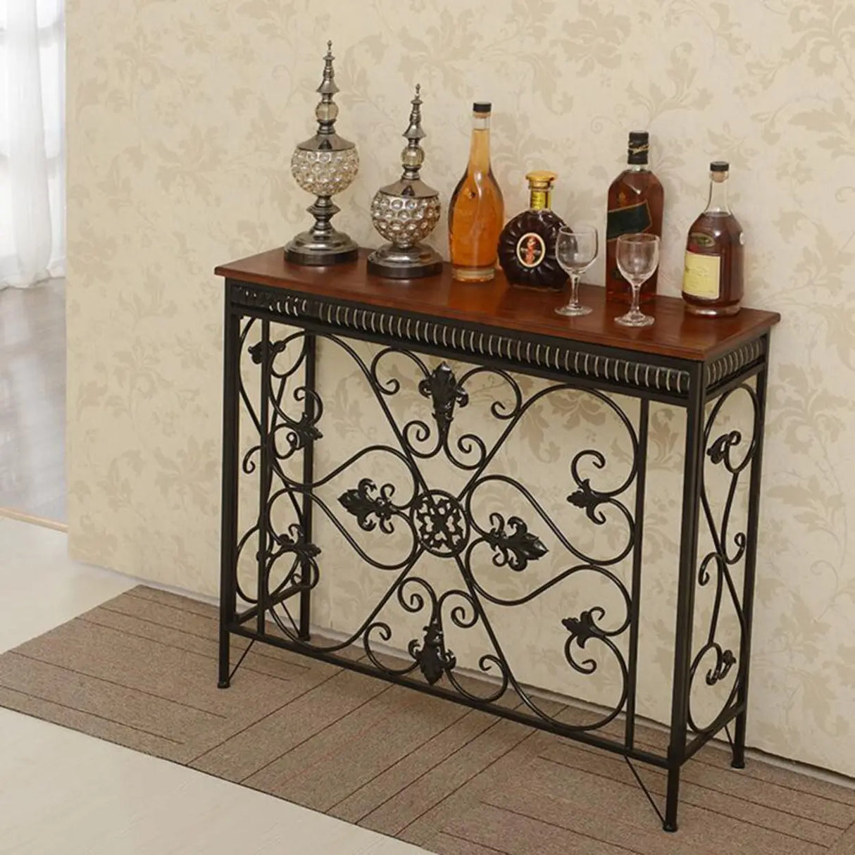 Decorative Wrought Iron and Wood Black Console Table Image - 2
