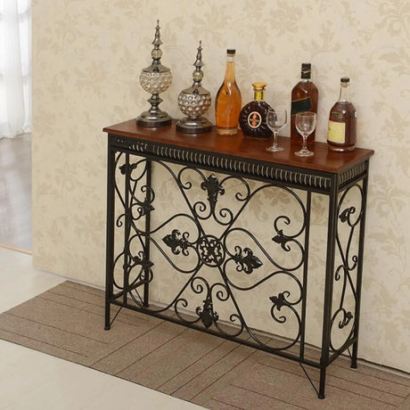 Decorative Wrought Iron and Wood Black Console Table Image - 2