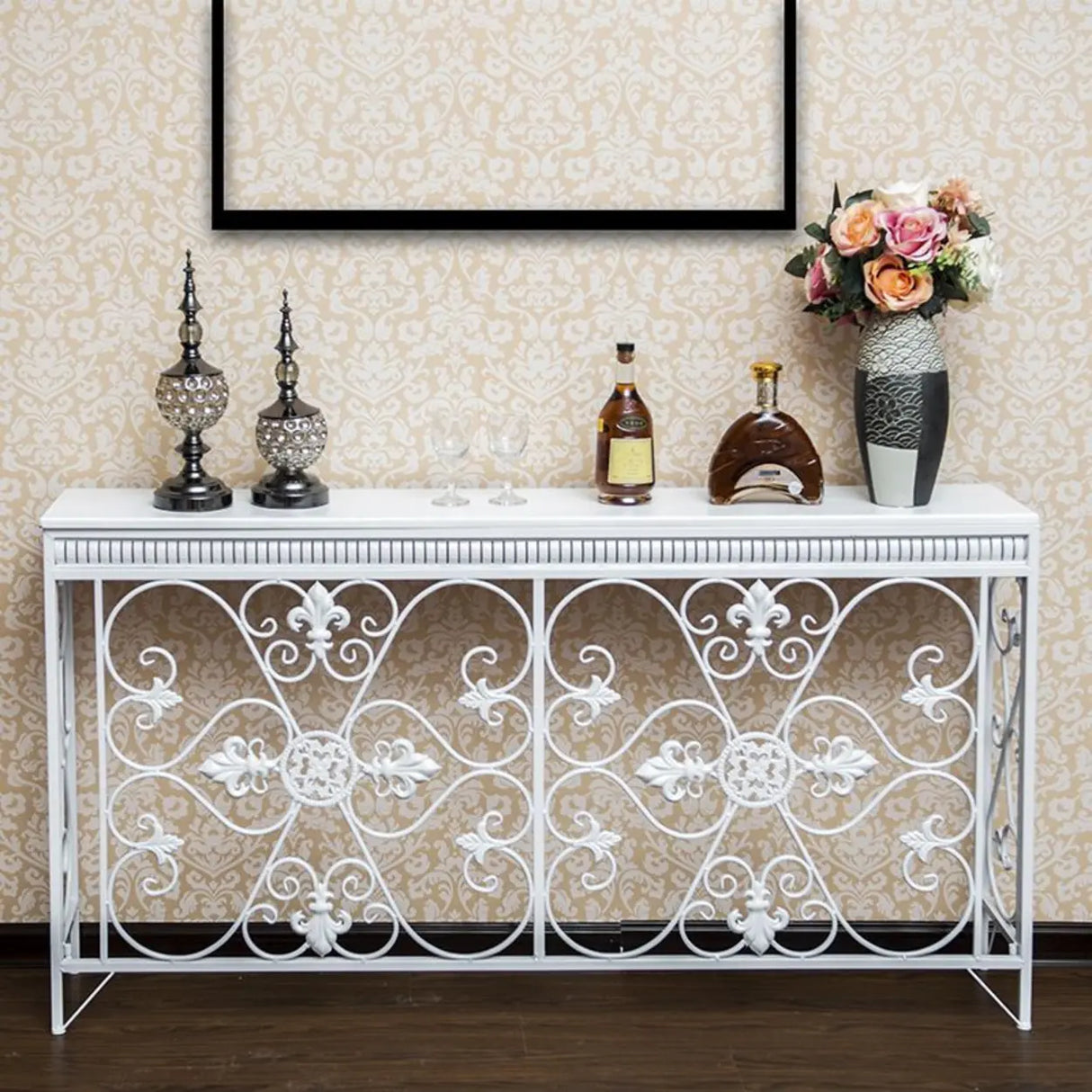 Decorative Wrought Iron and Wood Black Console Table Image - 4