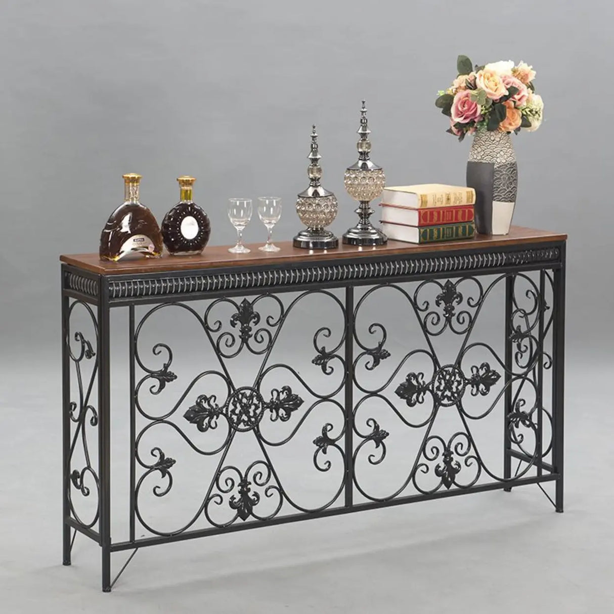 Decorative Wrought Iron and Wood Black Console Table Image - 5