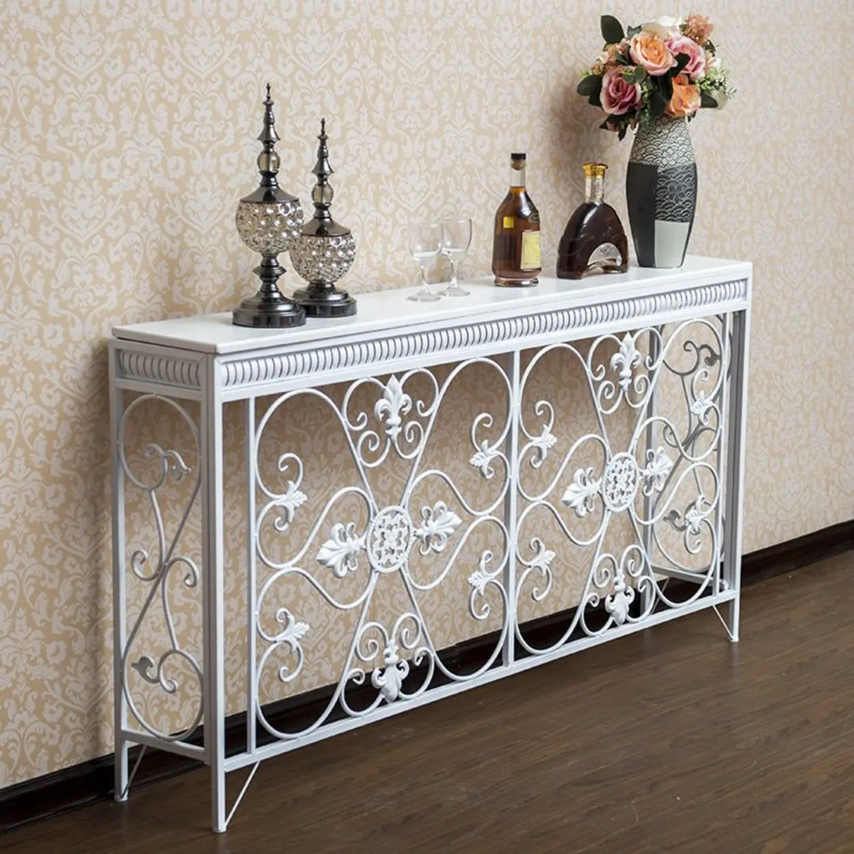 Decorative Wrought Iron and Wood Black Console Table Image - 7