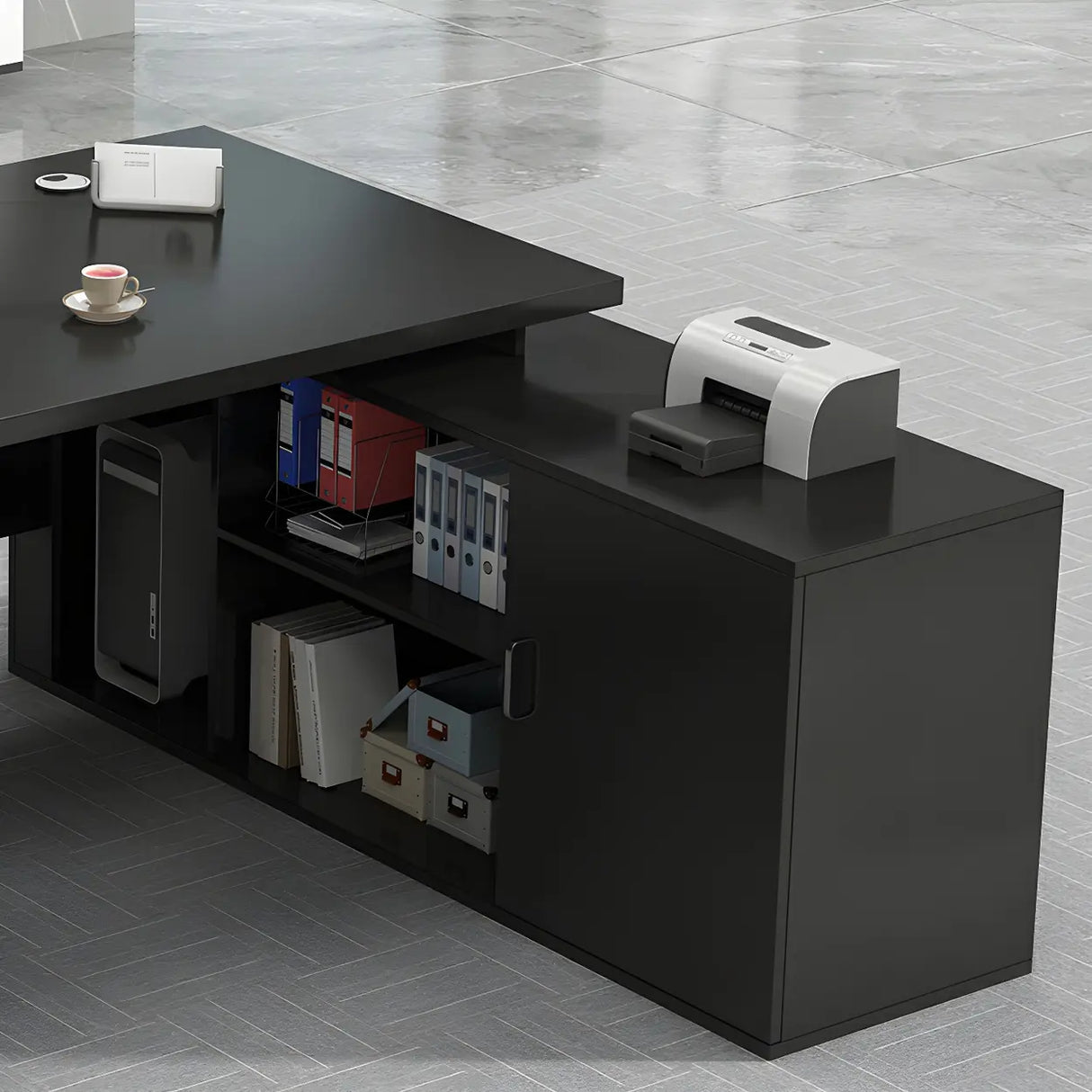 Deep Width L-Shape Executive Desk with Exterior Shelf Image - 11