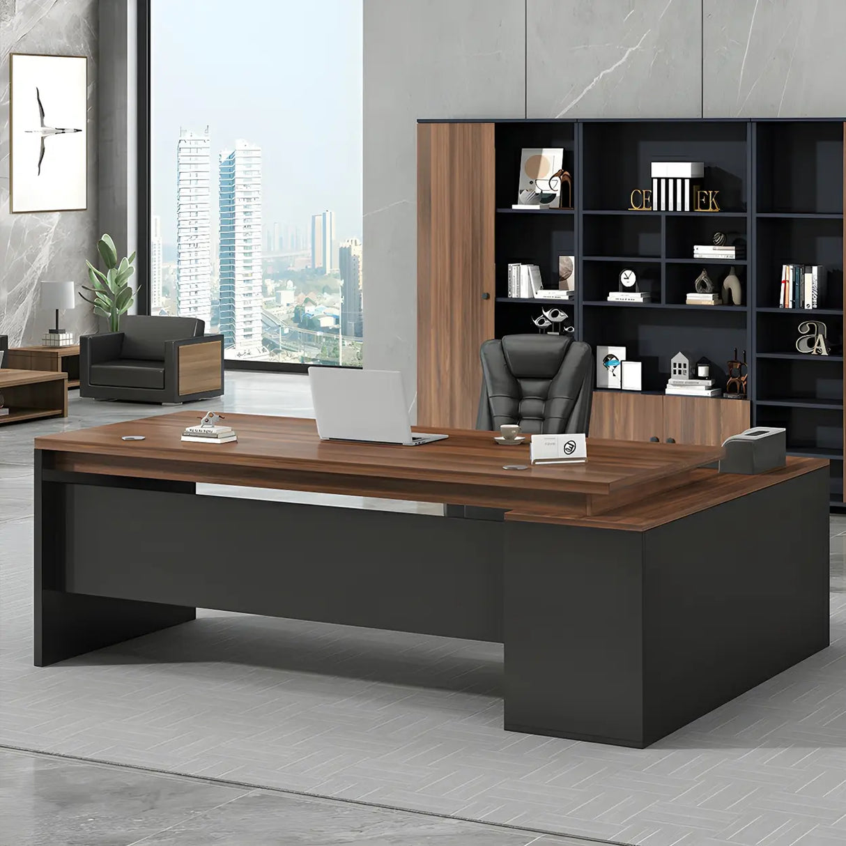 Deep Width L-Shape Executive Desk with Exterior Shelf Image - 4