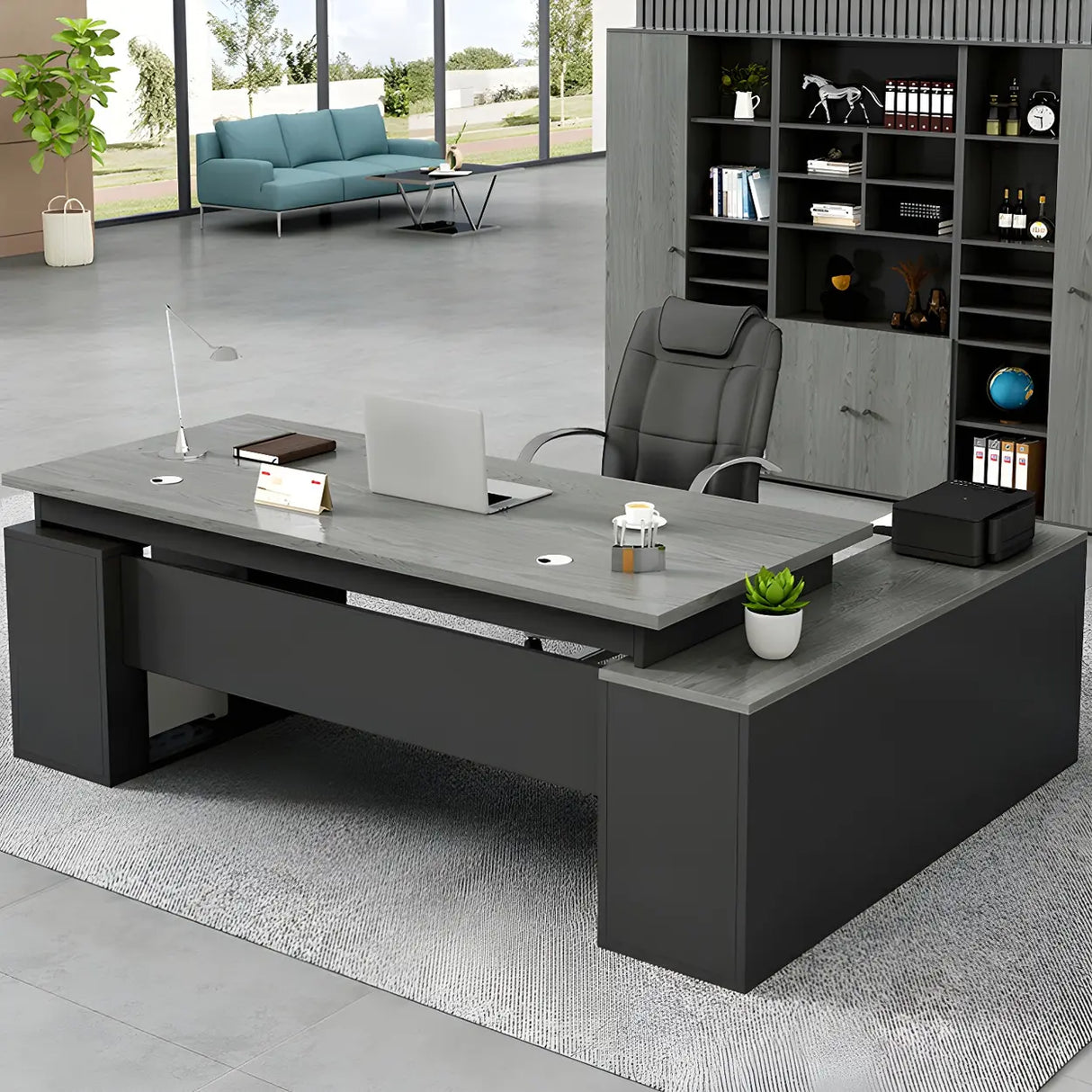 Deep Width L-Shape Executive Desk with Exterior Shelf Image - 7