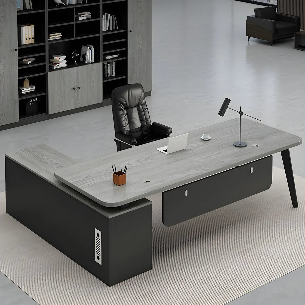 Deep Width Wood Steel Base Executive Desk with Cabinet Image - 2