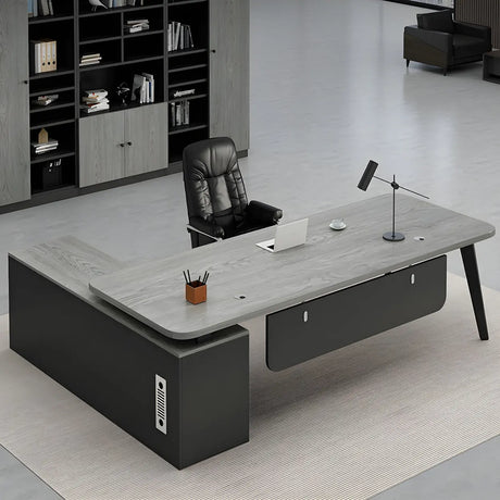 Deep Width Wood Steel Base Executive Desk with Cabinet Image - 2