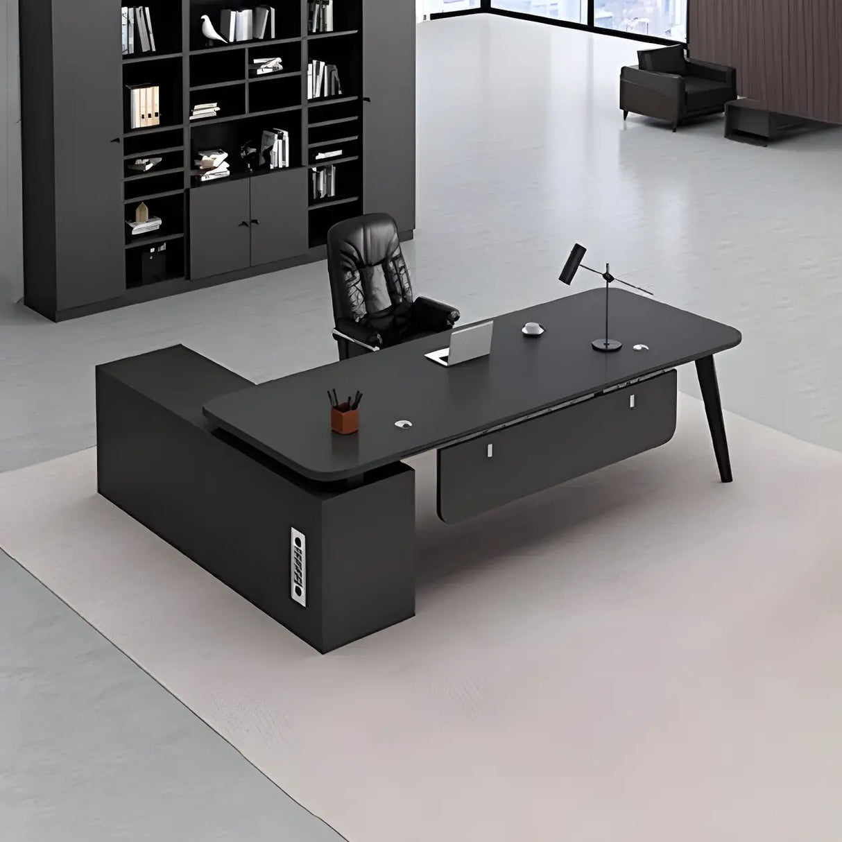 Deep Width Wood Steel Base Executive Desk with Cabinet Image - 6