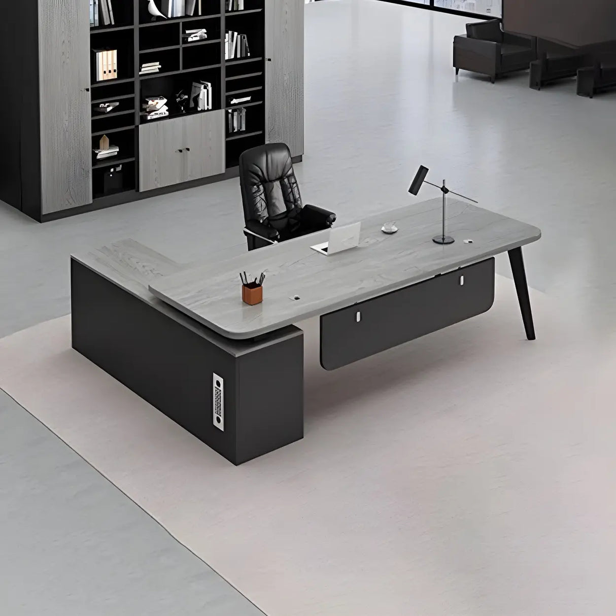 Deep Width Wood Steel Base Executive Desk with Cabinet Image - 7