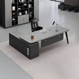 Deep Width Wood Steel Base Executive Desk with Cabinet Image - 7