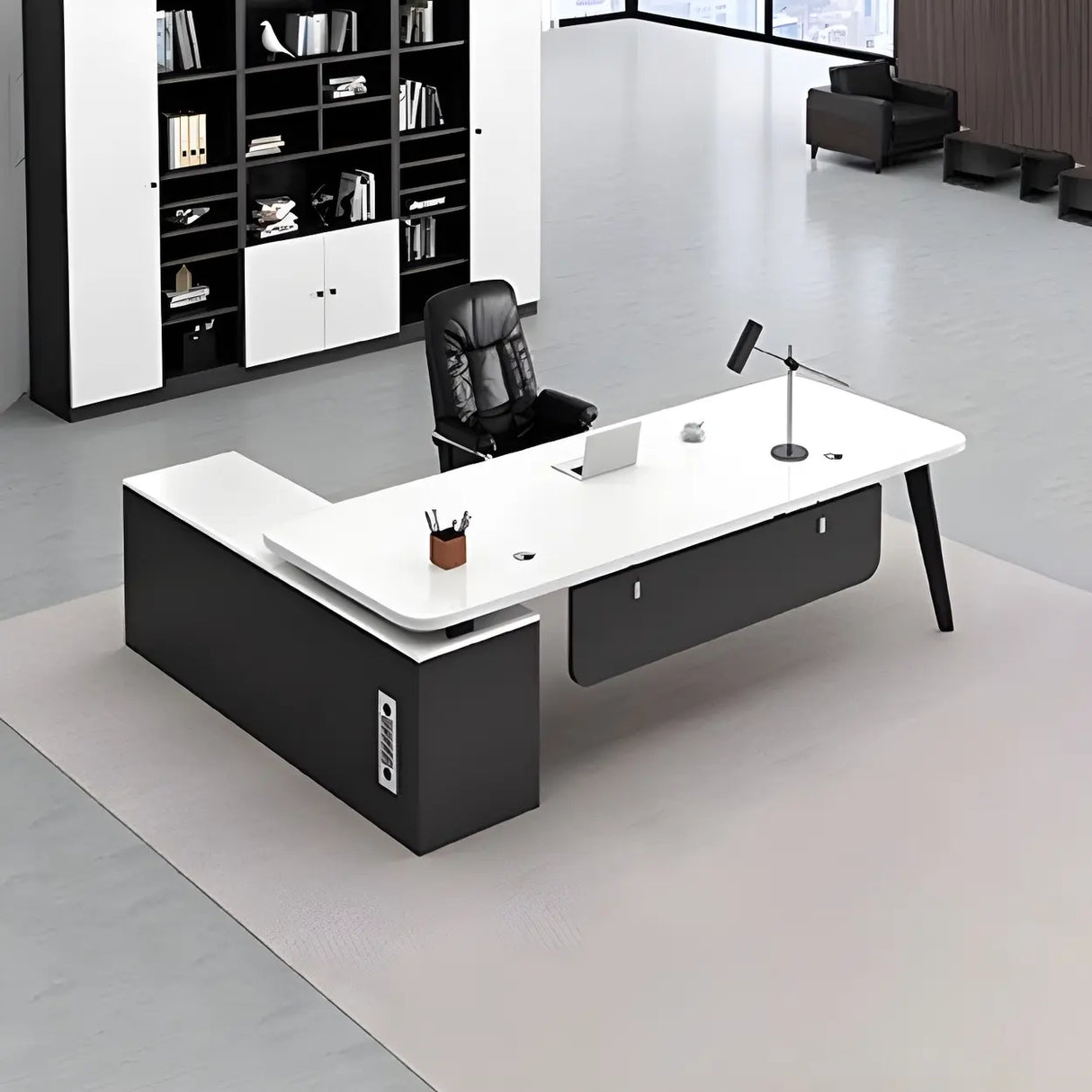 Deep Width Wood Steel Base Executive Desk with Cabinet Image - 8