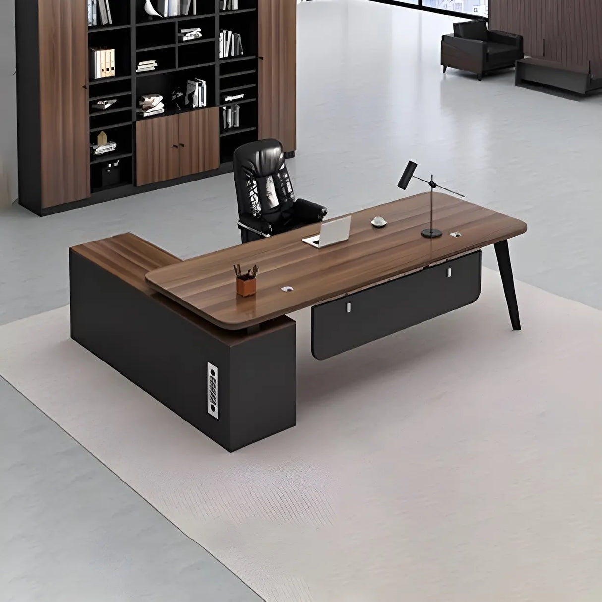 Deep Width Wood Steel Base Executive Desk with Cabinet Image - 9