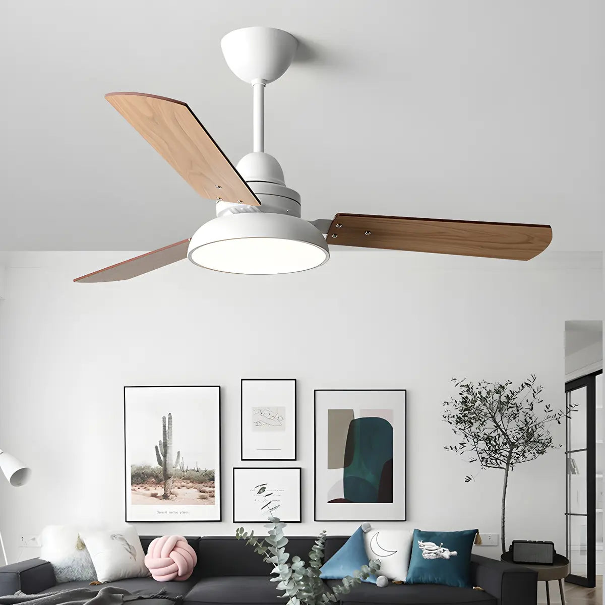 Dimmable Solid Wood White Downrods Ceiling Fan with Light Image - 1