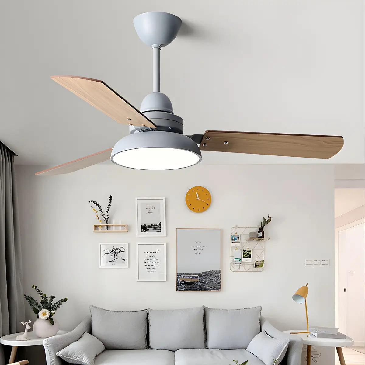 Dimmable Solid Wood White Downrods Ceiling Fan with Light Image - 20