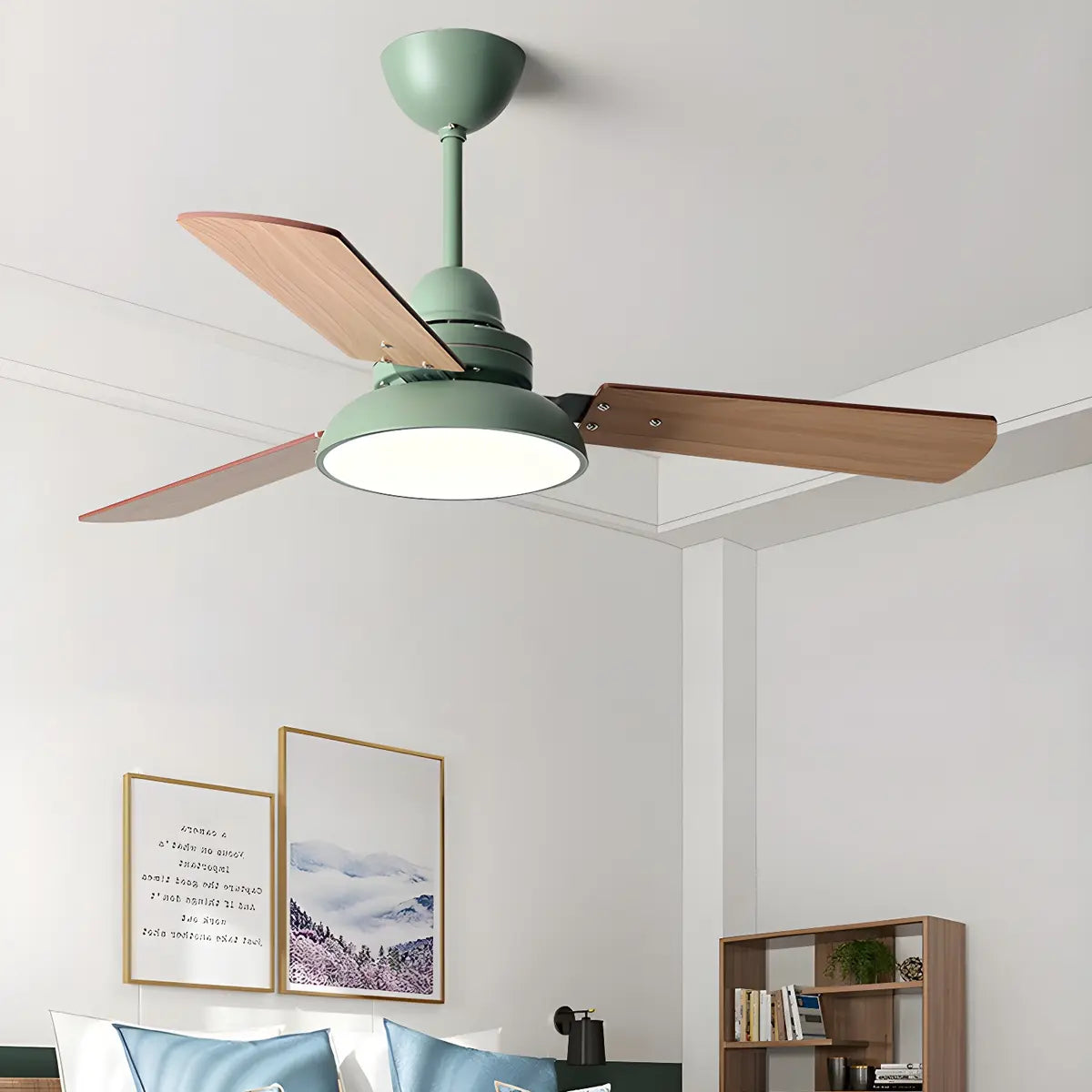 Dimmable Solid Wood White Downrods Ceiling Fan with Light Image - 8