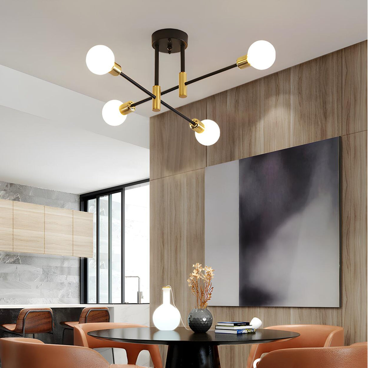 Dining Black Gold Sputnik Semi-Flush Mount Lamp 4-Light Image - 1