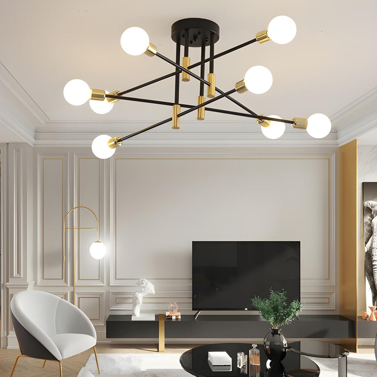 Dining Black Gold Sputnik Semi-Flush Mount Lamp 4-Light Image - 4