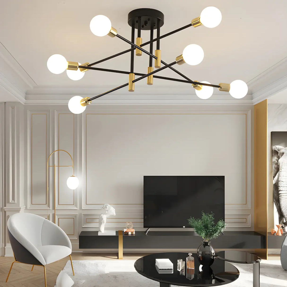 Dining Black Gold Sputnik Semi-Flush Mount Lamp 4-Light Image - 14