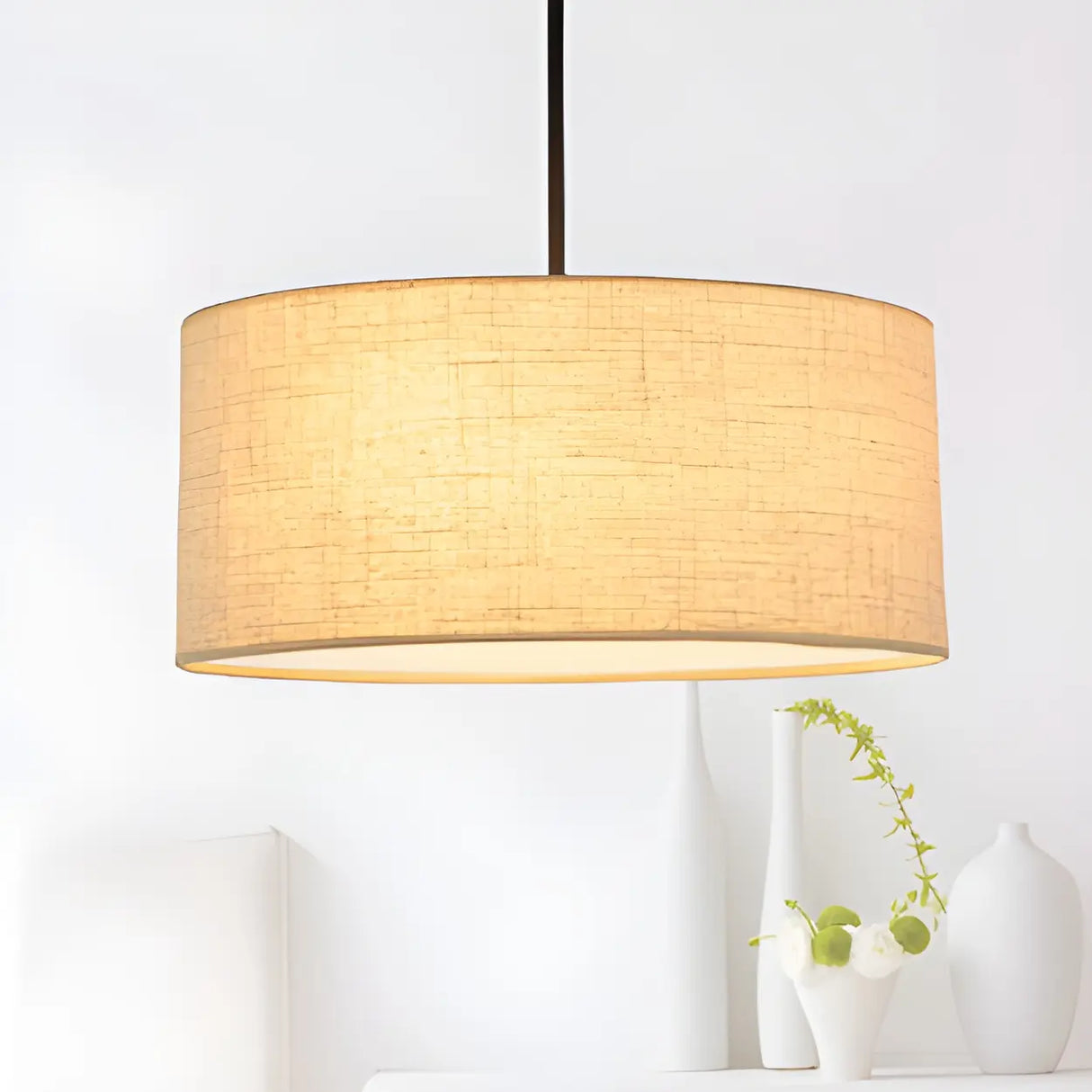 Dining Room Rustic Fabric Drum-Shaped Pendant Light Image - 13